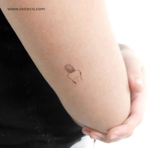 Female figure tattoo: fine line outline of a woman hugging herself