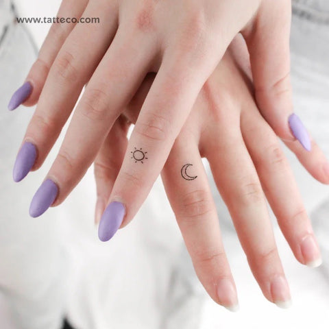 Friendship Tattoos: Matching sun and moon tiny bff tattoos on the fingers