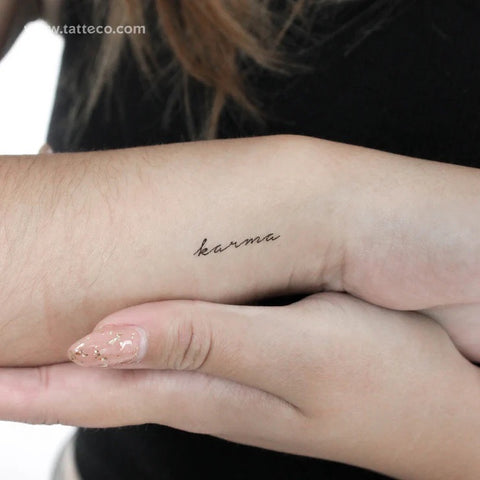Mantra Tattoos: Karma handwritten italic quote tattoo
