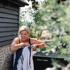 Sally Gunnell leaving an ice bath