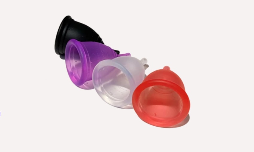 Four Ruby Cup menstrual cups in different colors 