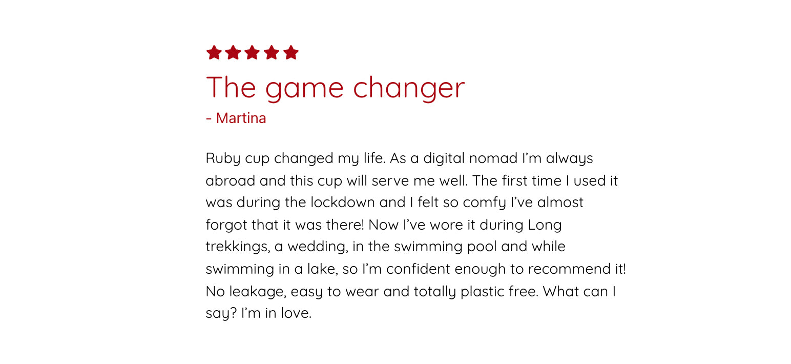 04 Ruby Cup image of a customer review with a 5-star rating and stating it’s a game-changer