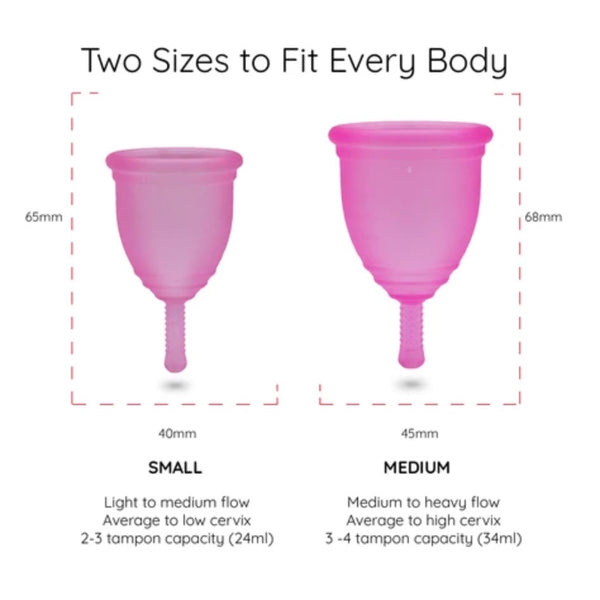 Ruby Cup Duo Pack, showing each cup size with their different measurements so you can find the best menstrual cup for sports