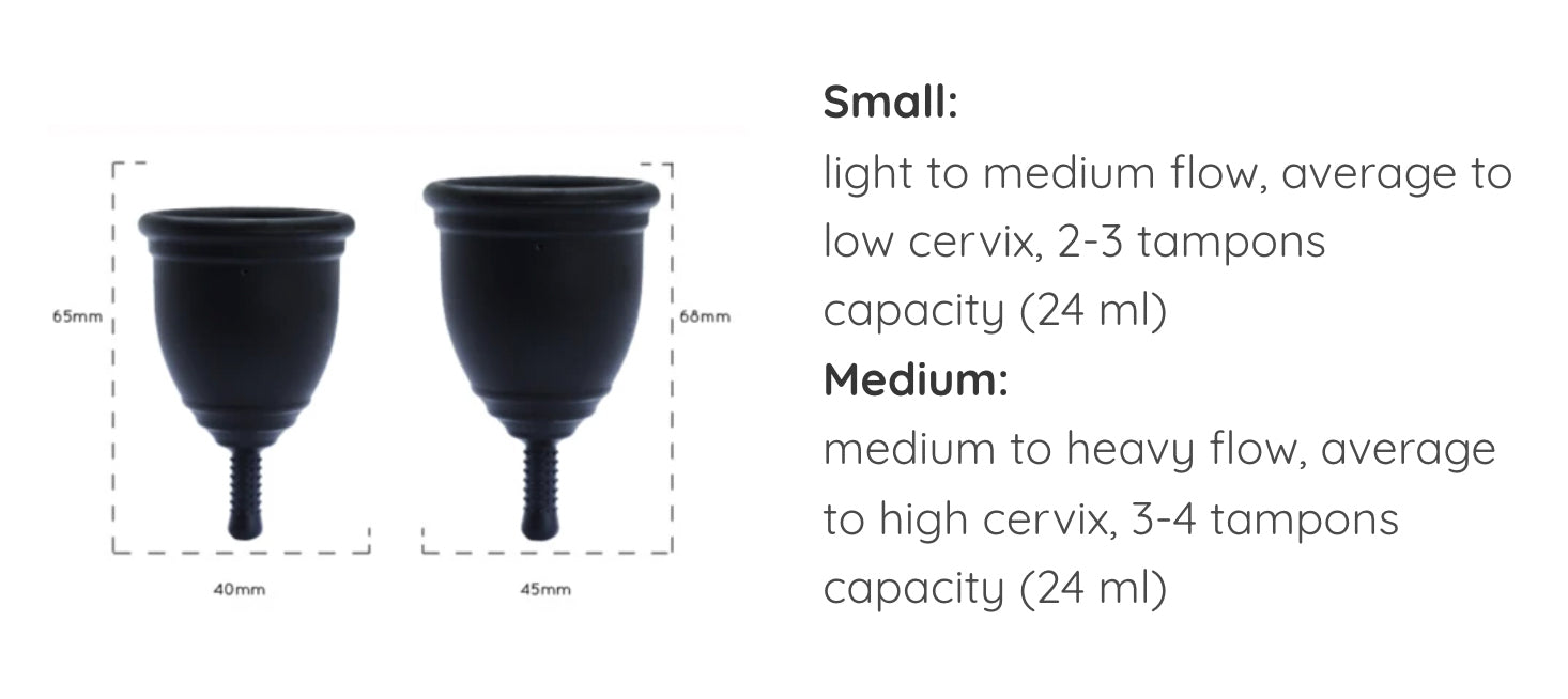 05 Ruby Cup image of the small and medium sizes with their measurements, fluid capacity, and recommended menstrual flow and cervix height.