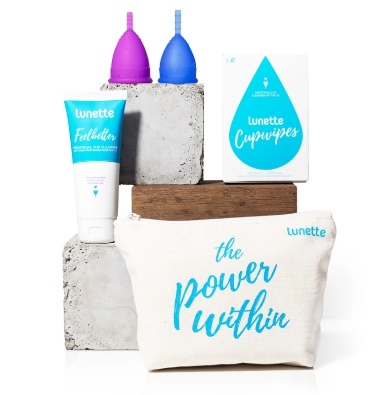 Two Lunette menstrual cups, cleansing wash, wipes and bag 