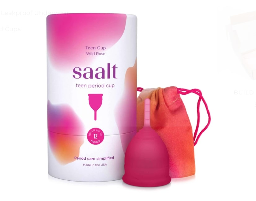 Saalt Teen menstrual cup with packaging and bag 