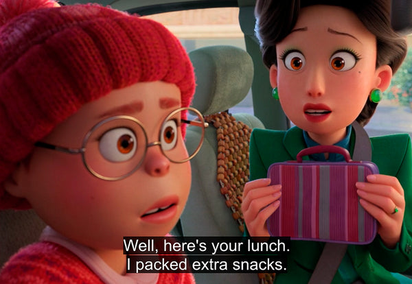 Extra snacks for Mei-Mei from mum ming because Mei-Mei got her period. Visual from Pixar 2022 movie Turning Red.