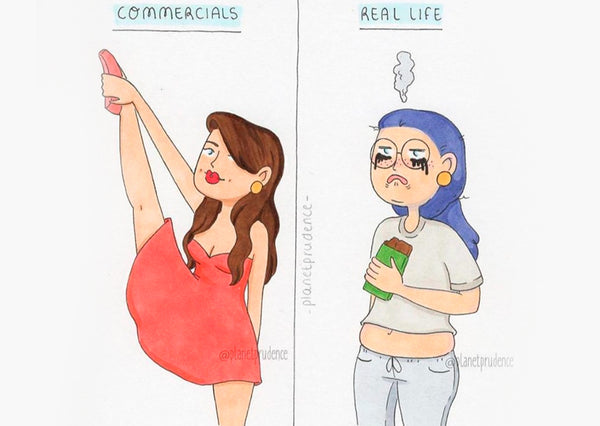 Meme about menstruation in advertising commercials versus real life