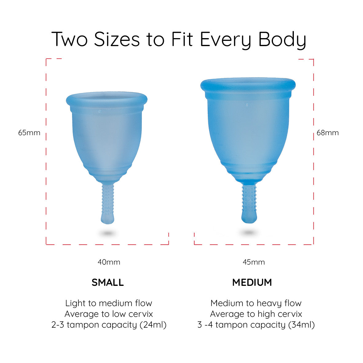 Measurements  menstrual cup Ruby Cup Small and Medium