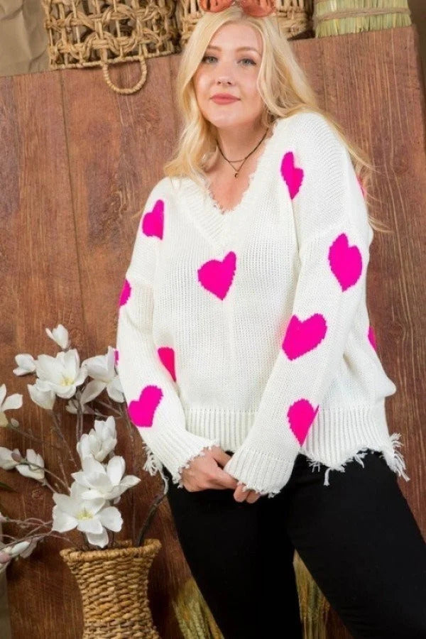 Neon Fuchsia Heart Print Distressed V Neck Long Sleeve Sweater Voluptuous (+) Plus Size - Ships from The US-TFC&H Co.-women's sweater