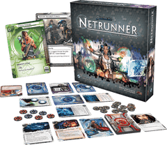 An image of the full layout found in the board game Android: Netrunner. It includes a series of cards, coins for use within the game all enclosed in a stylish box.