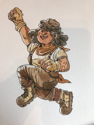 Female halfling leaping! Could she be one of the Super Halfling Sisters?