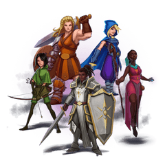 An image of the range of diverse characters found in the board game One Deck Dungeon. It includes 5 women, 3 of which are women of colour.