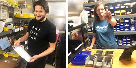 Left: JT packages an order, Right: CT preps an order