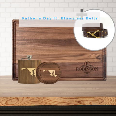 flask, coasters, walnut board, leather belt