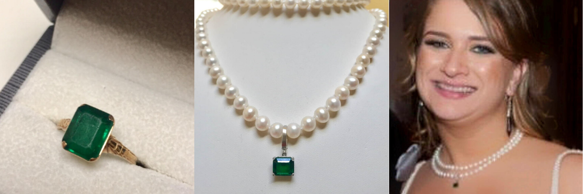 Unwanted emerald ring reimagined into a pearl and emerald necklace for a gorgeous bride