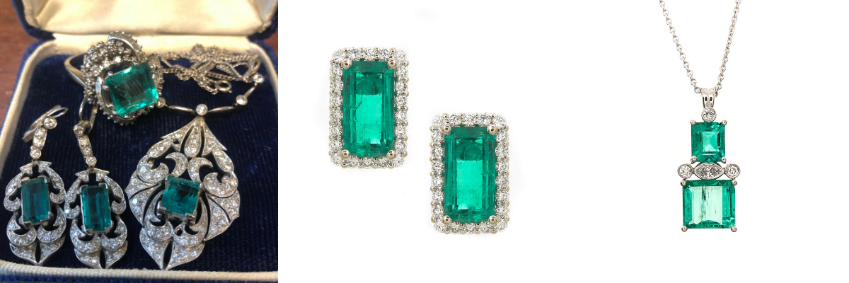 Before and after images creating beautiful new emerald and diamond earrings and necklace
