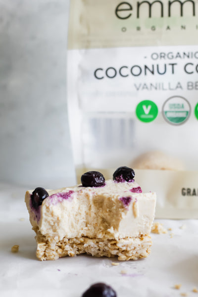 Vegan Blueberry Coconut Cheesecake Bars | Emmy's Organics