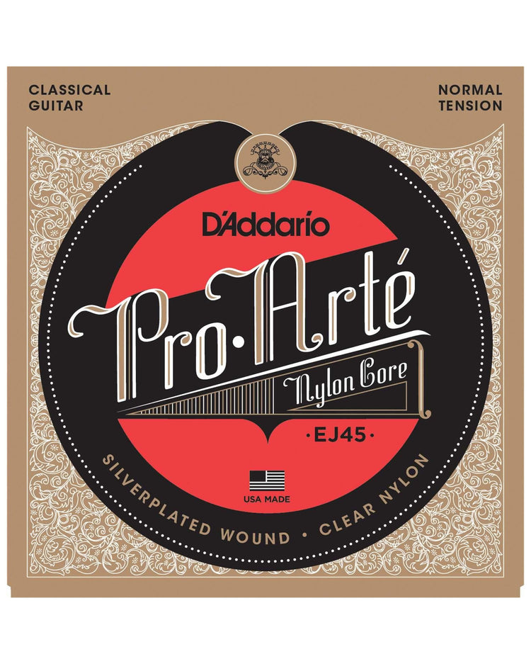 Front of D'Addario EJ45 Pro-Arte Silverplated Wound Clear Nylon Normal Tension Classical Guitar Strings