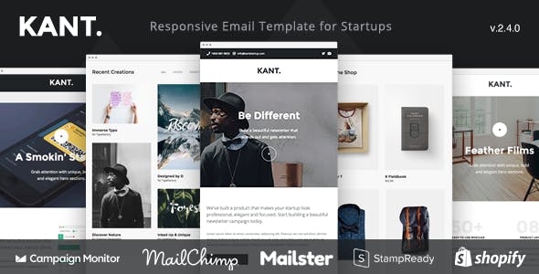 Kant - Responsive Email for Startups: 50+ Sections + Online Builder + MailChimp + Mailster + Shopify