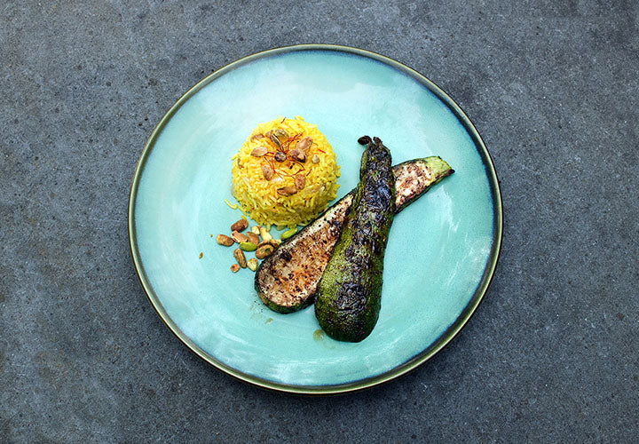 Afghani-style saffron rice and grilled zucchini 