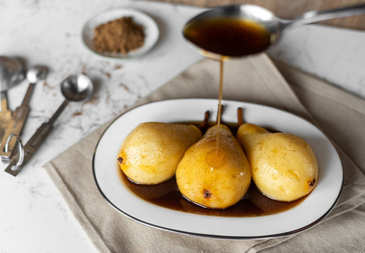 Pears poached in a garam masala syrup.