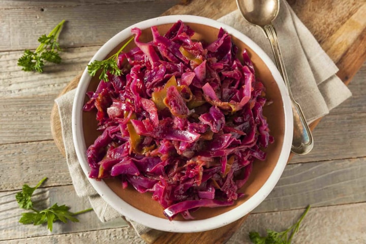 Cooked red cabbage made with German spices.