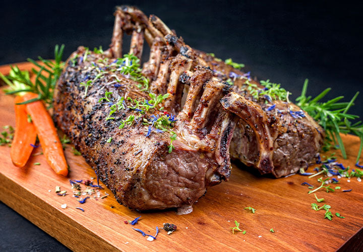 Lavender buds on rack of lamb