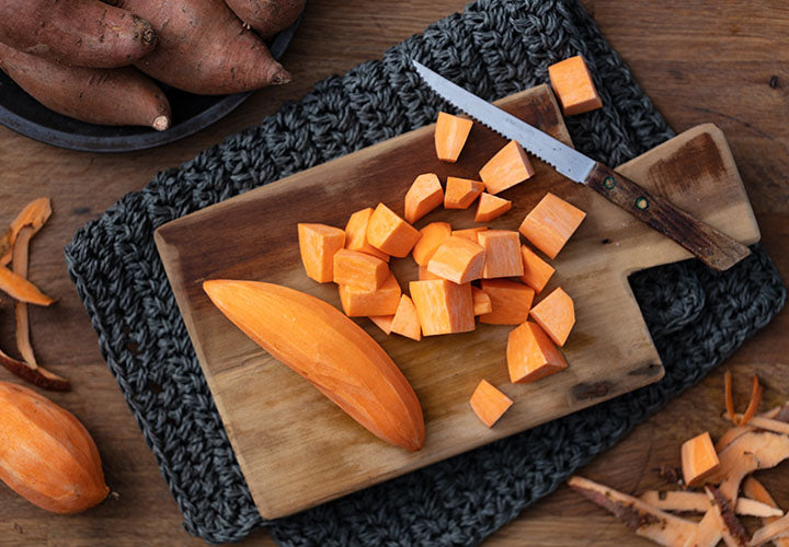 Diced sweet potatoes seasoned heavily with aromatic spices