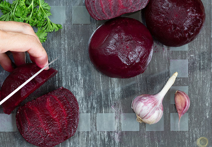 Steamed beets with pickling spices and white wine.