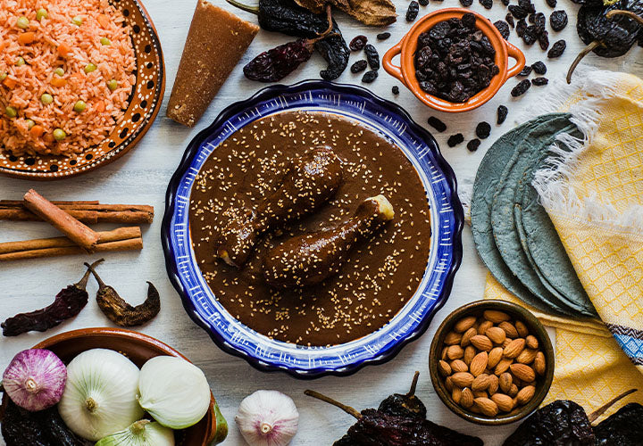 Homemade mole poblano sauce with roasted turkey