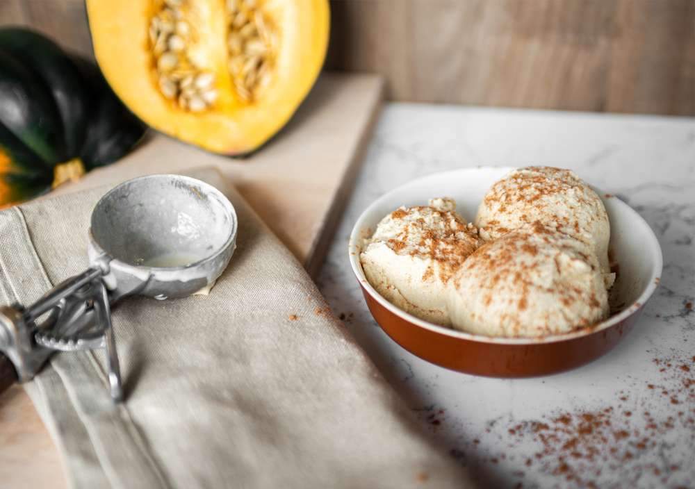Recipe for ice cream using real pumpkin and pumpkin pie spice.