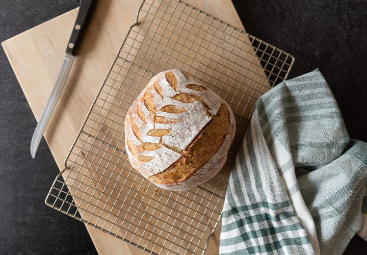 Baked loaf of bread cooling on wire rack