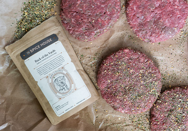 Hamburger patties seasoned with spice blend of pepper, garlic, salt, and parsley.