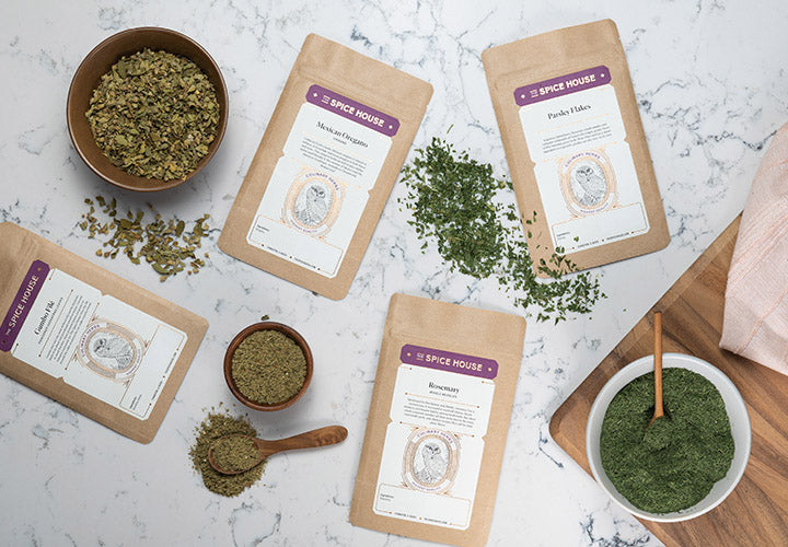 Dried herbs stored in Flatpacks for freshness and free shipping