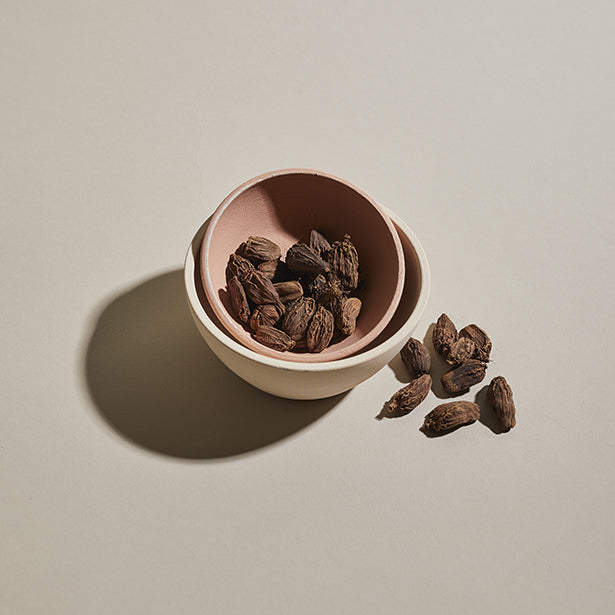 Black cardamom spice in a small bowl.
