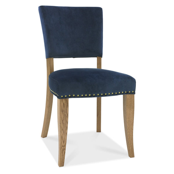 Bentley Indus Rustic Oak Upholstered Velvet Dark Blue Dining Chairs