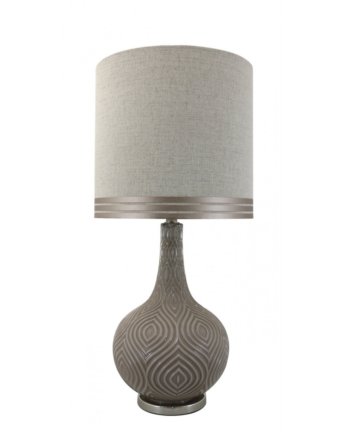 Deco Home Taupe Round Statement Lamp With Natural Stripe Linen Shade