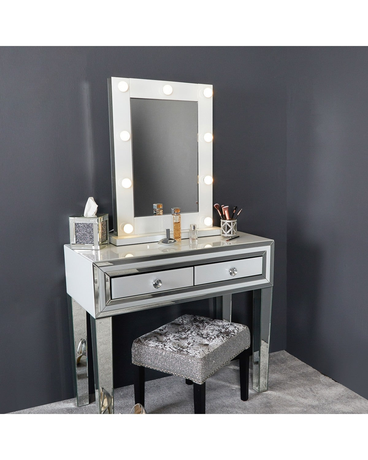 Deco Home Madison White Vanity Mirrored Mirror With 9 Dimmable Led Light Bulbs