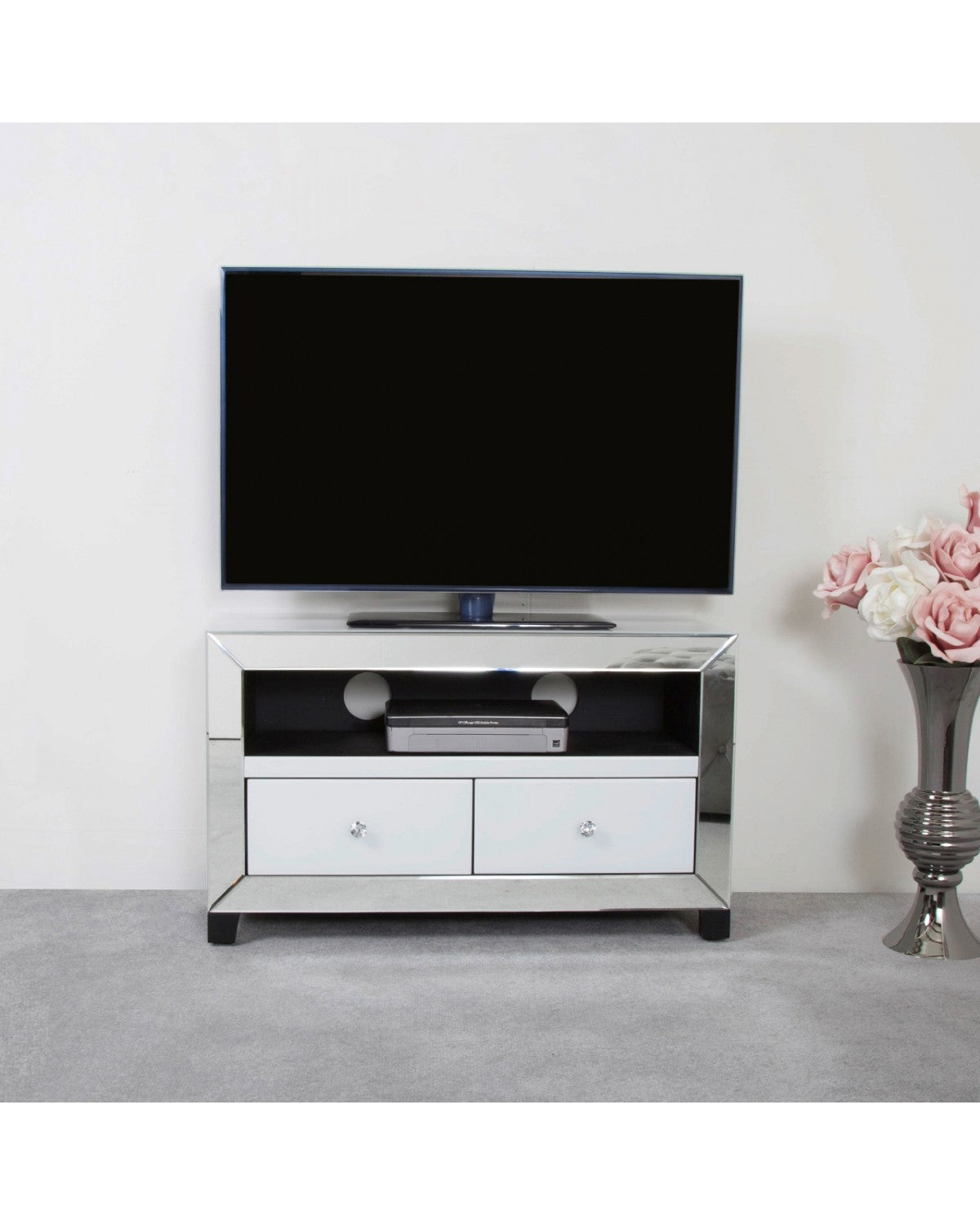 Deco Home Arctic White Mirrored Glass TV Stand Entertainment Unit Cabinet