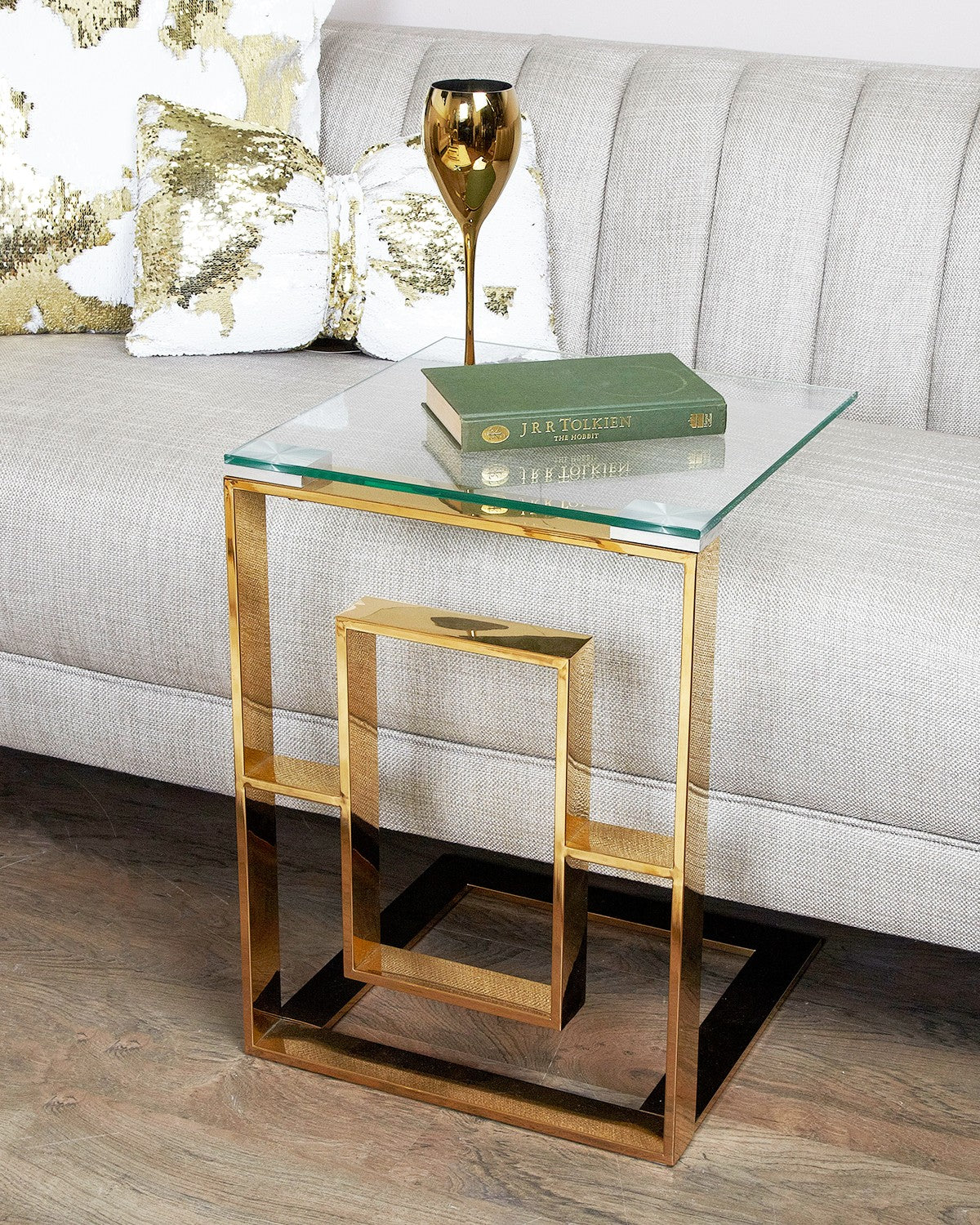 Deco Home Plaza Gold Contemporary Clear Glass Sofa Table Side End Display Table