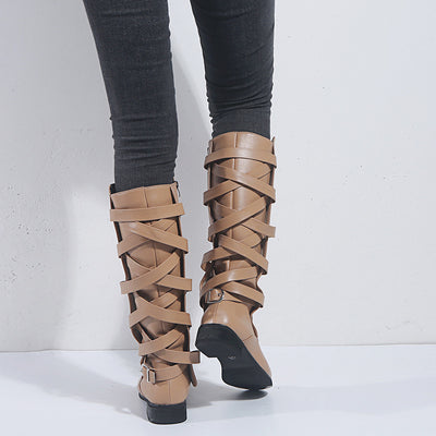 Autumn and winter new style square heel low heel metal back webbing handsome female knight boots