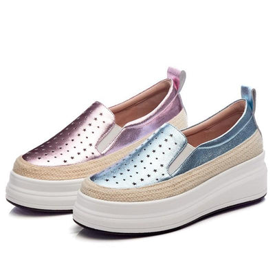 Hollow Solid Color Star Patchwork Leather Round Toe High Heel Sneakers