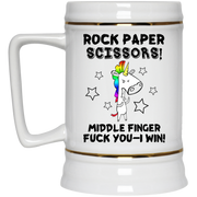 Unicorn rock paper scissors middle finger fuck you I win mug