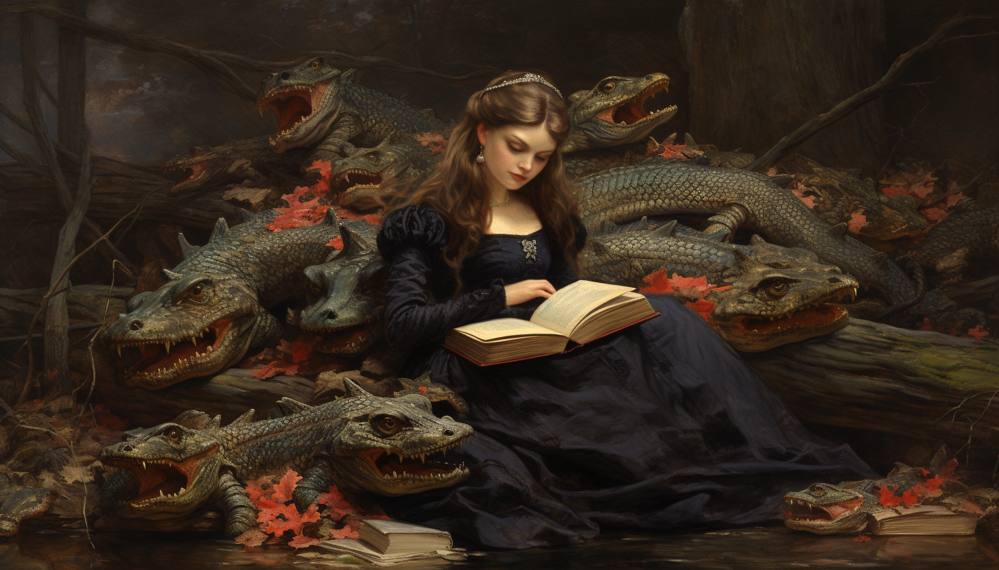 Le mythe du trisquel. Une jeune fille lot un livre entourée de jeunes dragons
