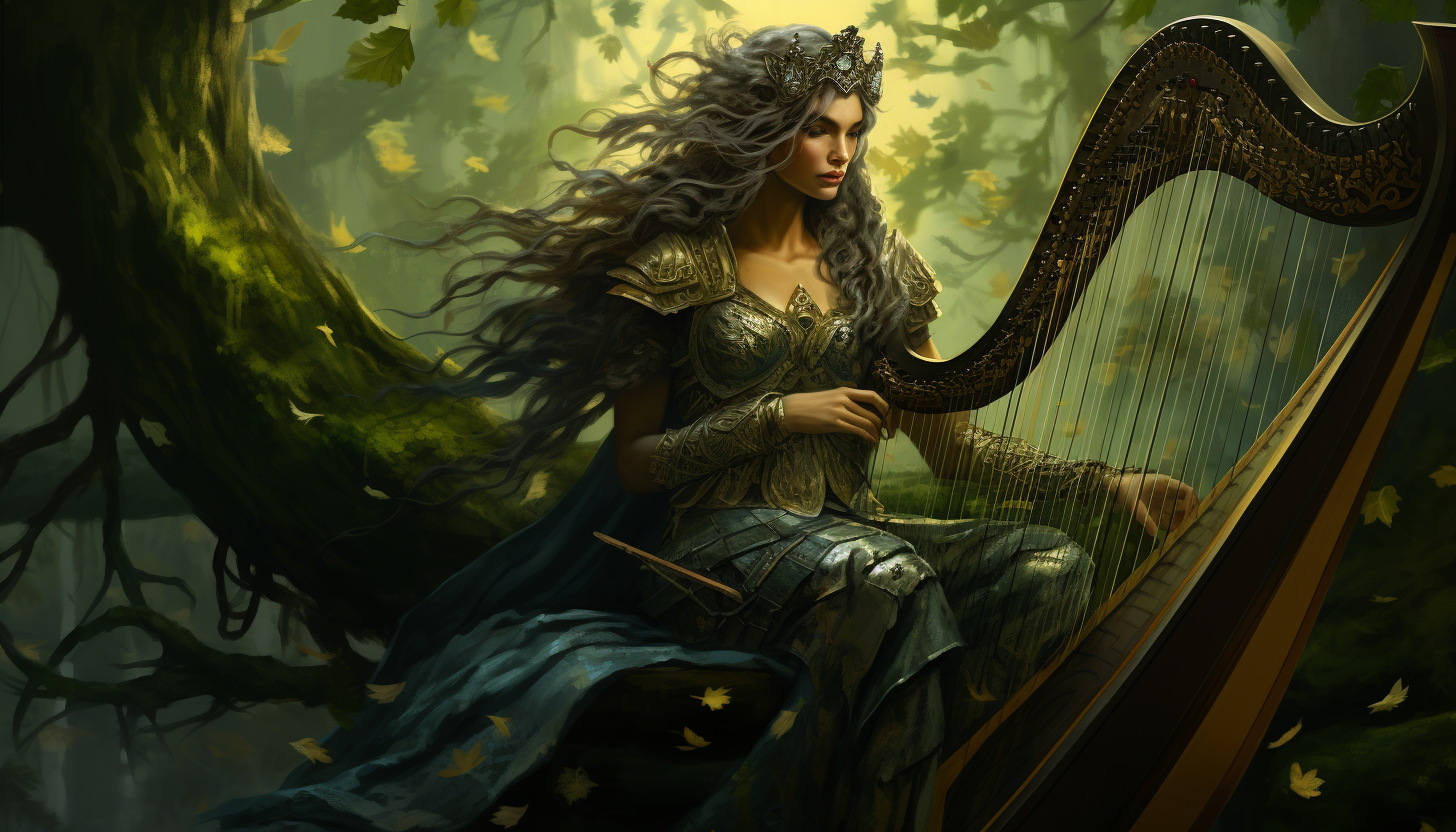 Valkyrie viking jouant de la harpe et chantant au pied de l'yggdrasil