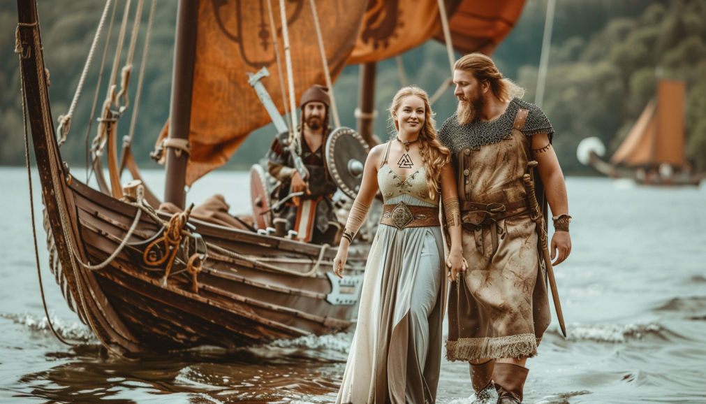 chef viking avec sa femme un valknut tatoué