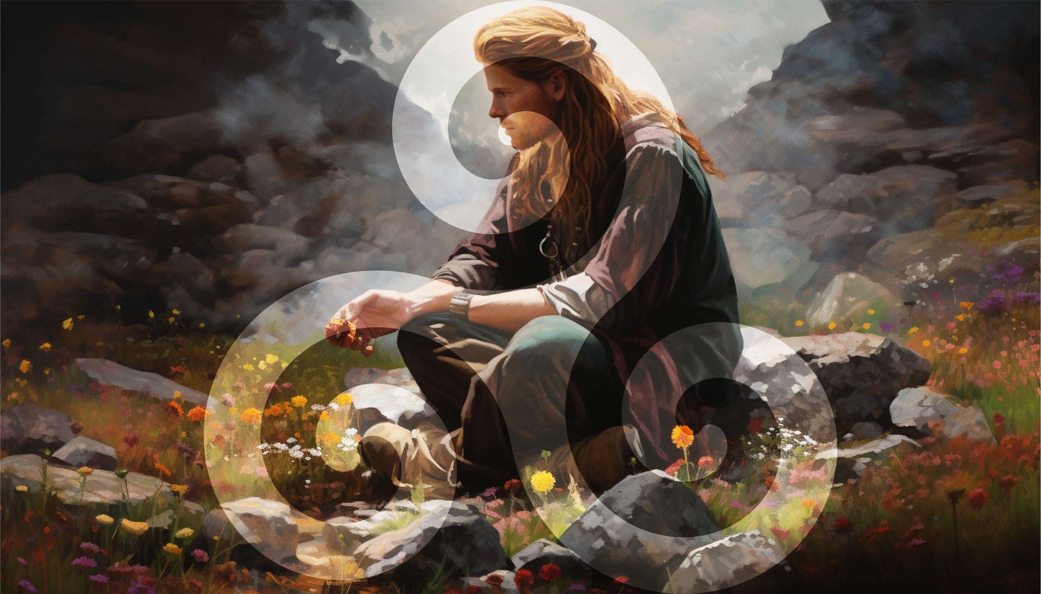 jeune celte au pied du menhir sur lequel est gravé le symbole du triskel celte, hume les fleurs alentour