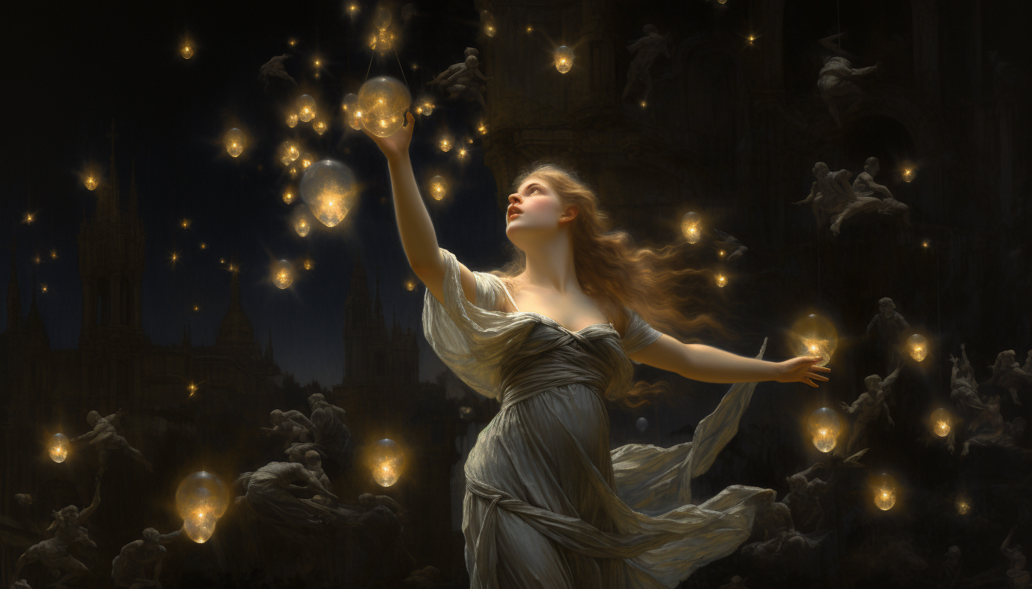 Les mythes sont des étoiles. Une femme en pleine nuit parvient à toucher les étoiles et les prendre dans ses mains.