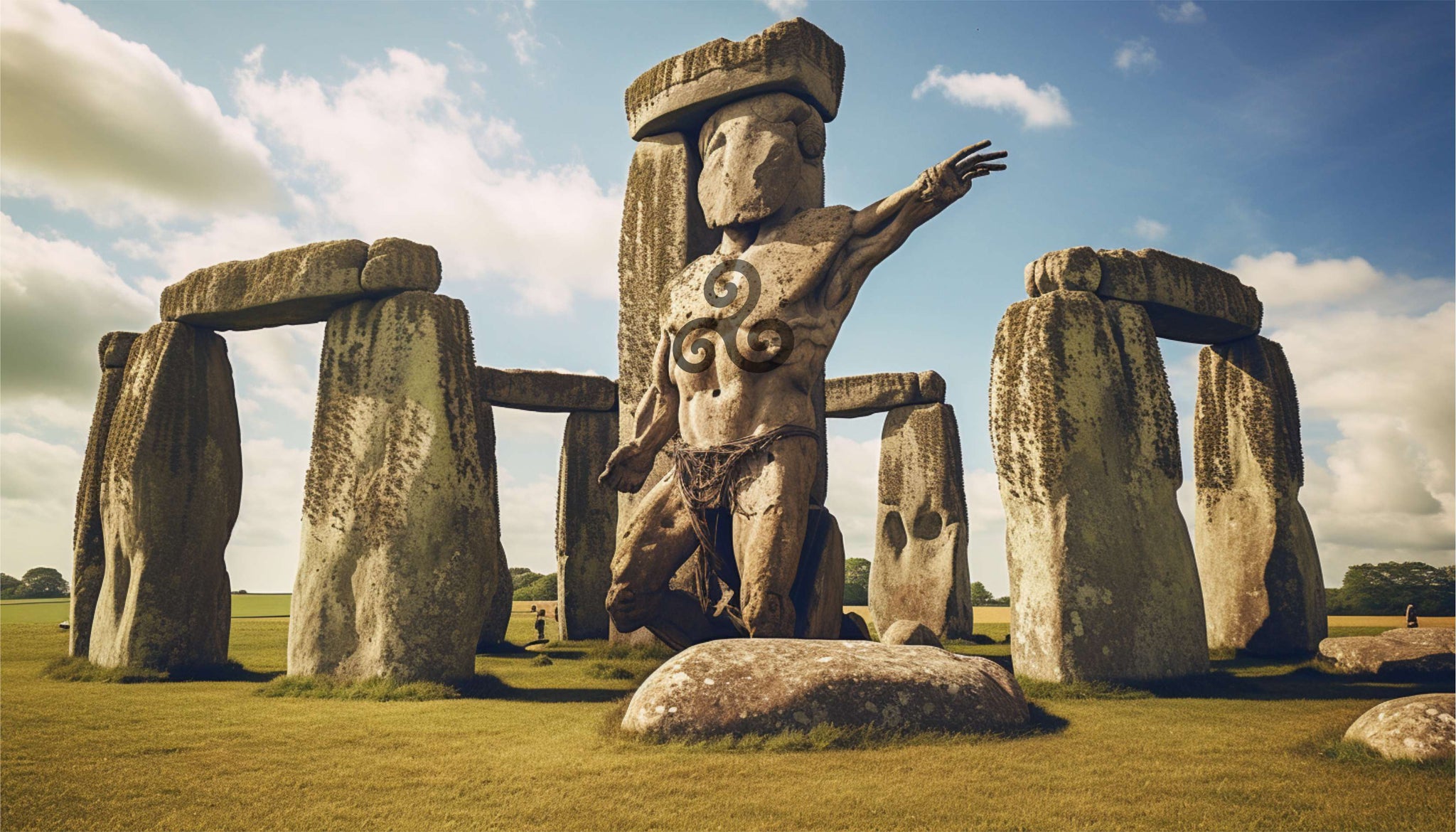 pierres levées de Stonehenge et tatouage du triskel sur une a forme miraculeusement humanoïde